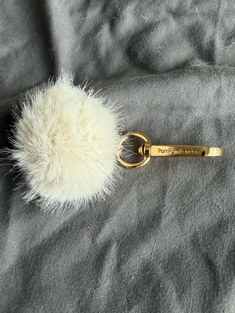 PomPom London Cream Fur Pom Pom Key Charm with Gold Hardware